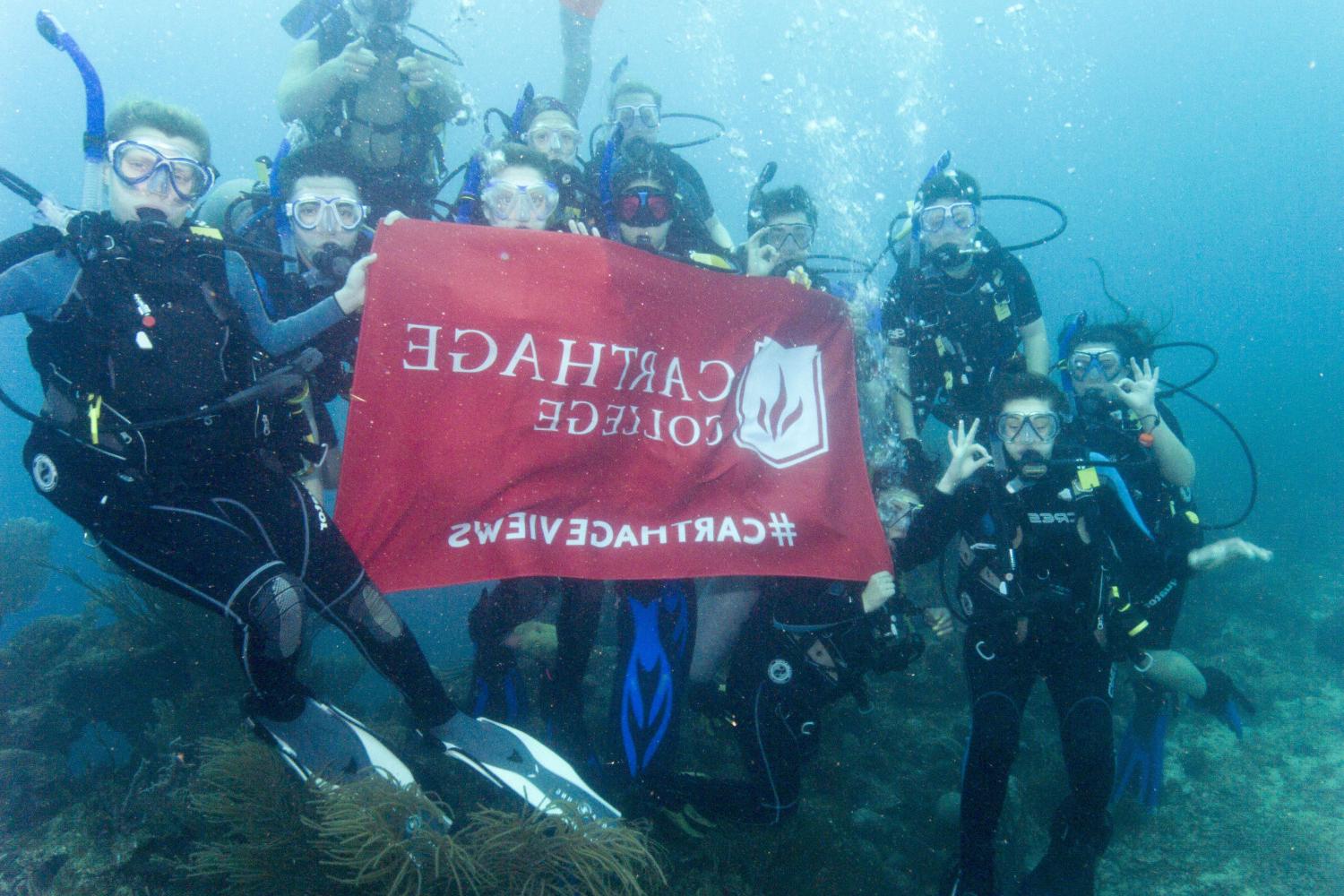 学生们手持<a href='http://ekld.ecedu.net'>bv伟德ios下载</a>旗帜，在j学期洪都拉斯游学之旅中潜水.